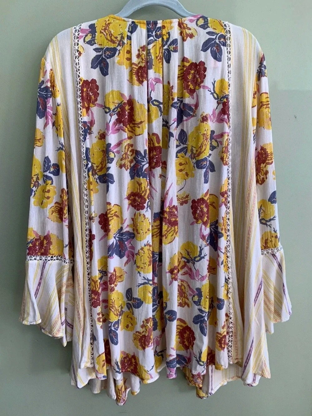Free People Lovestoned Lace Buttondown Printed Crochet Bell Sleeve Tunic M